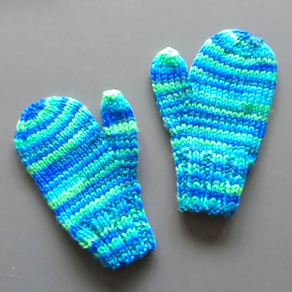 Handmade Handknit Toddler Blue & Green Stripe Mittens Small 2T
